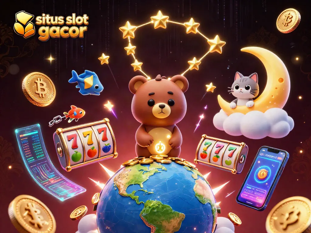 Engage players at situs slot gacor with vibrant slot reels, cosmic characters, and digital casino elements.
