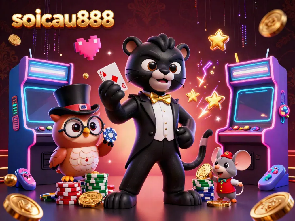 Engage with soicau888 through a stylish cartoon panther dealer, an owl, and a lucky mouse amid vibrant casino gaming elements.