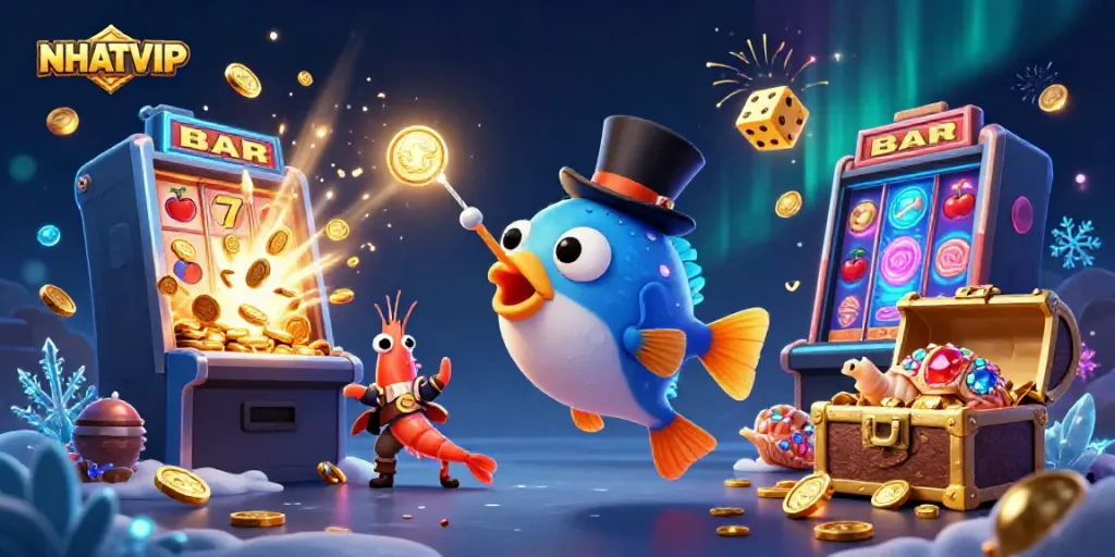 Engage in exciting action with NHATVIP's immersive casino experience featuring animated characters and vibrant slot machines.