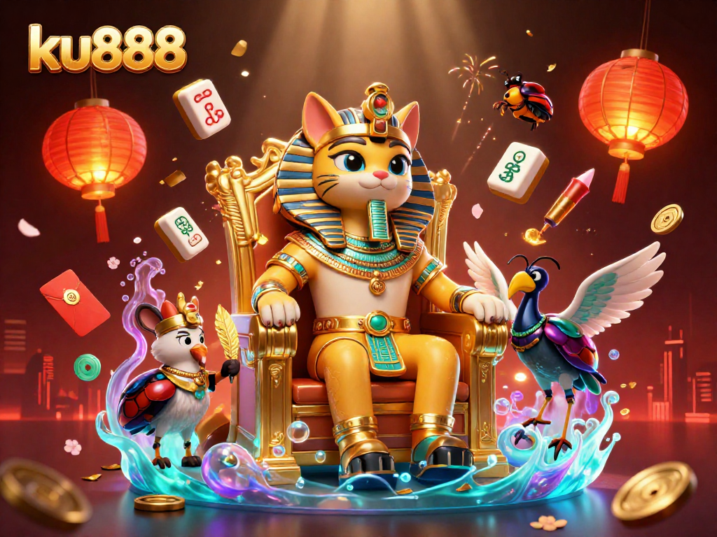 Experience iconic wins at ku888 with a vibrant scene showcasing the pharaoh cat and treasure-filled elements.