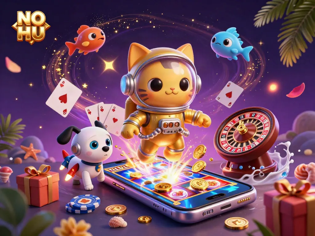 Experience the thrill of NO HU with vibrant slot games and cosmic action in a dynamic 3D illustration.