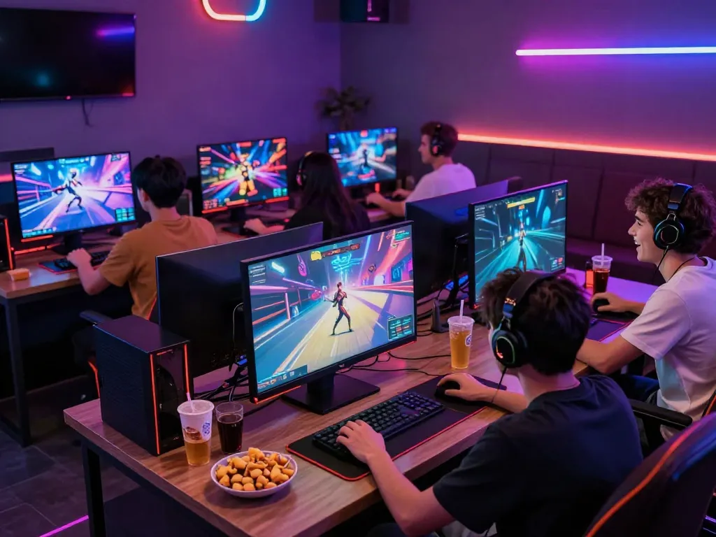 Exciting hit club gaming session with friends in a vibrant lounge.