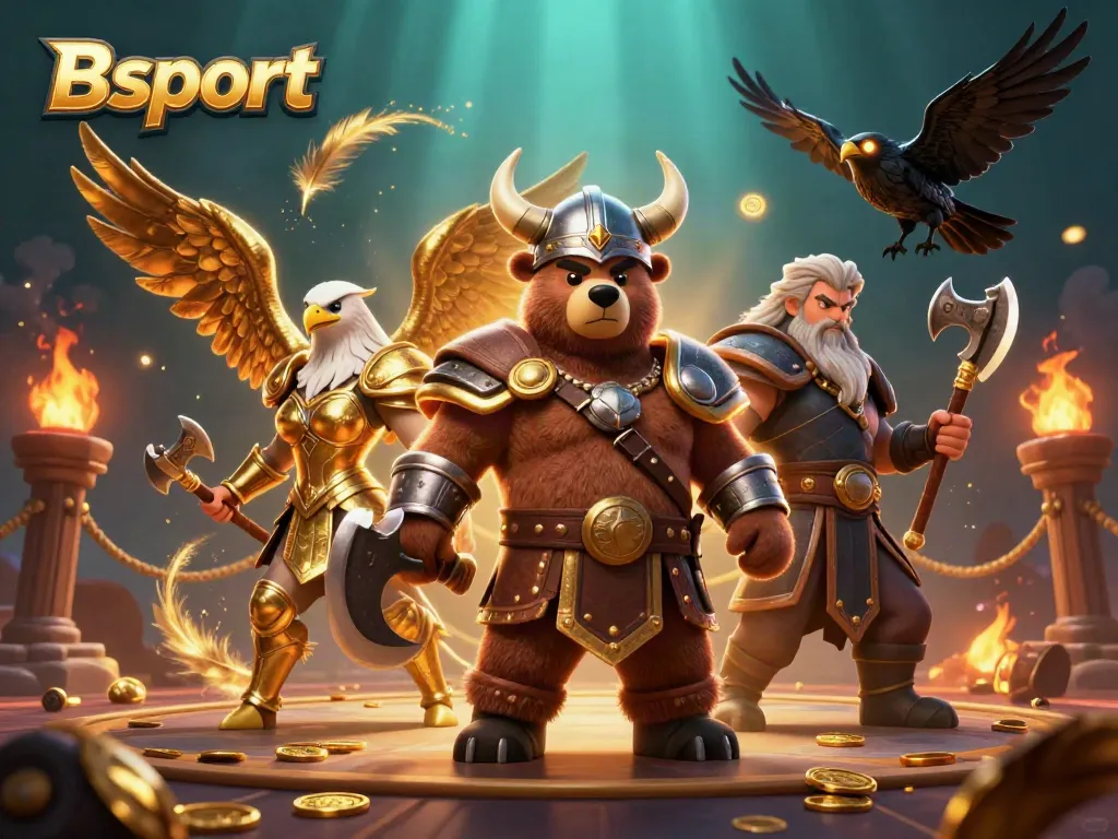 Bsport showcases an epic online gaming scene with a Viking bear, Valkyrie eagle, and shimmering coins.