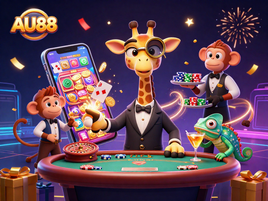Experience the excitement of AU88 as a giraffe in a suit plays poker alongside a monkey valet and a chameleon bartender.