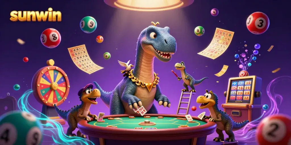 Engage in thrilling gaming action at sunwin with colorful lottery balls and dynamic casino characters.