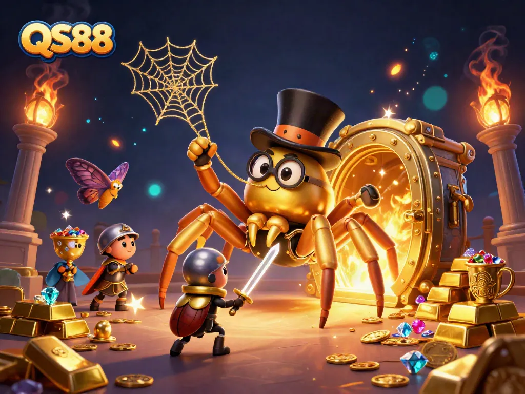 Interact with QS88's vibrant casino scene featuring a golden tarantula and beetle knight.