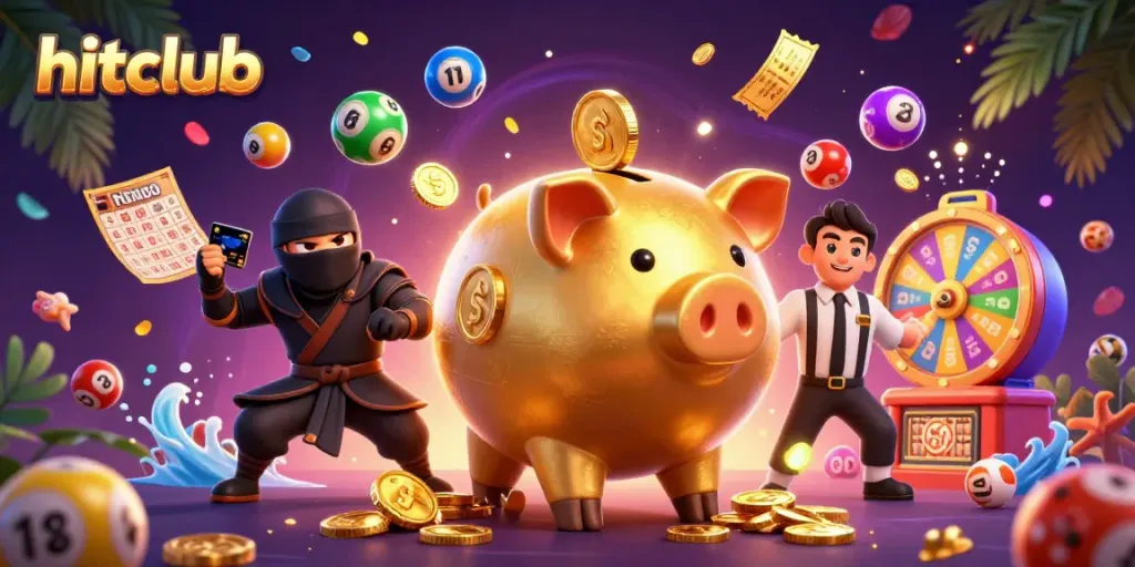 Hitclub gaming experience with golden piggy bank sumo wrestler and vibrant casino elements.