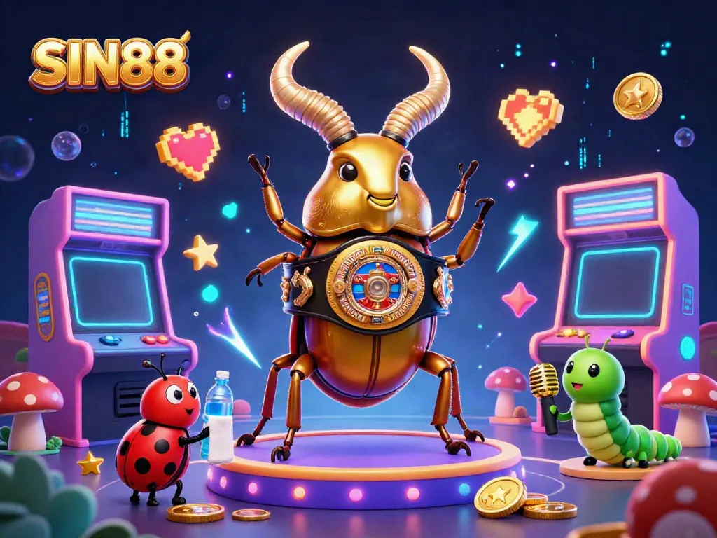 SIN88 showcases a vibrant scene with a golden stag beetle and gaming elements illustrating sports betting.