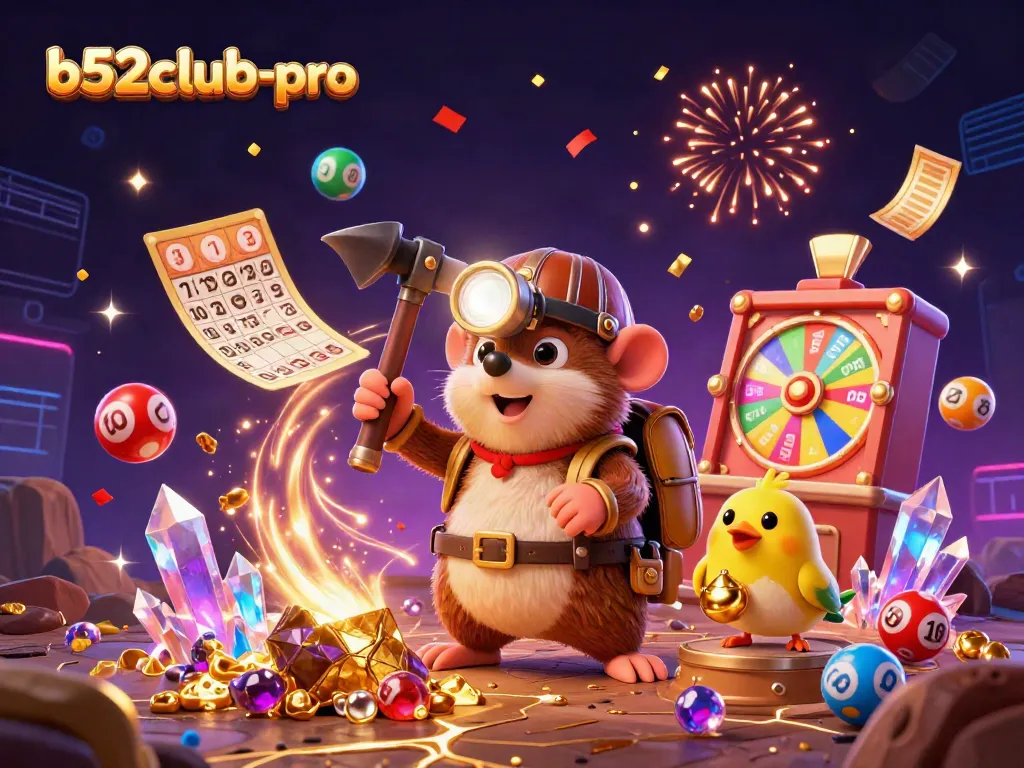 Engage with b52club-pro's vibrant casino scene featuring a treasure hunter mole, lottery elements, and dynamic confetti.