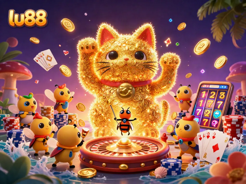 Spin to win at lu88 with a dynamic lucky cat and vibrant casino elements swirling around.