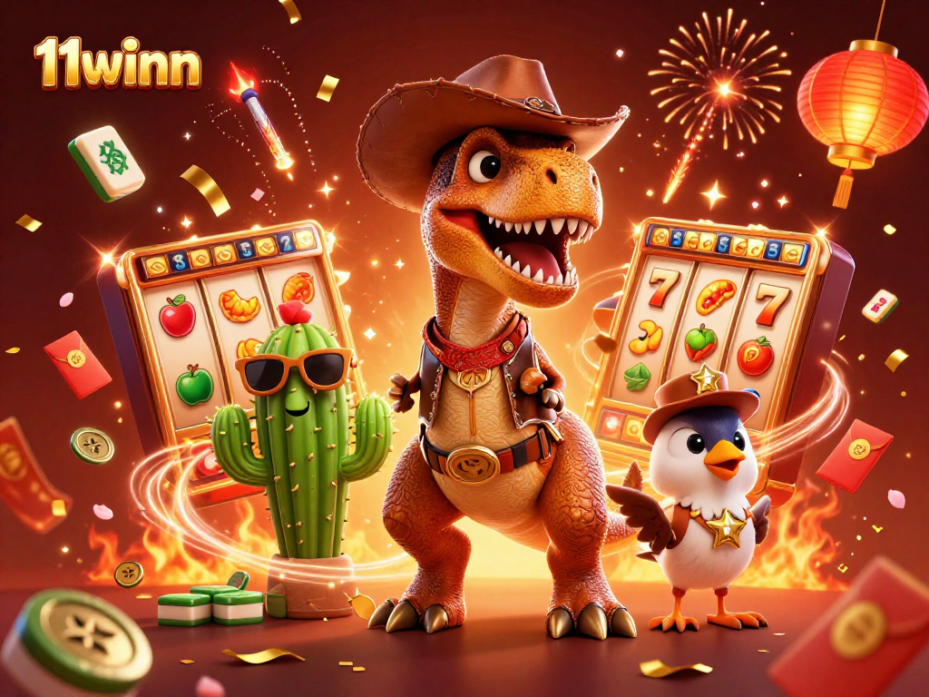 Experience the thrill of 11winn with dynamic slot action featuring T-Rex, cactus, and roadrunner in a vibrant casino scene.