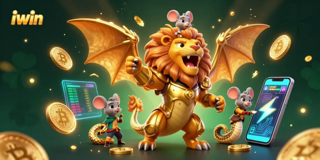 Play with iwin's energetic casino adventure featuring a golden armored chimera, crypto coins, and vibrant game elements.