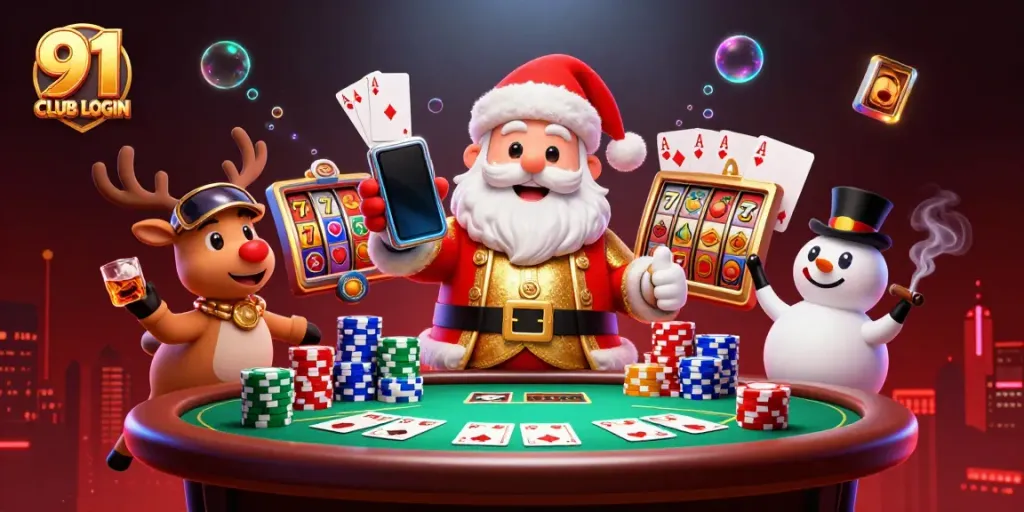Experience the exciting 91 CLUB LOGIN with festive characters in a vibrant casino scene.