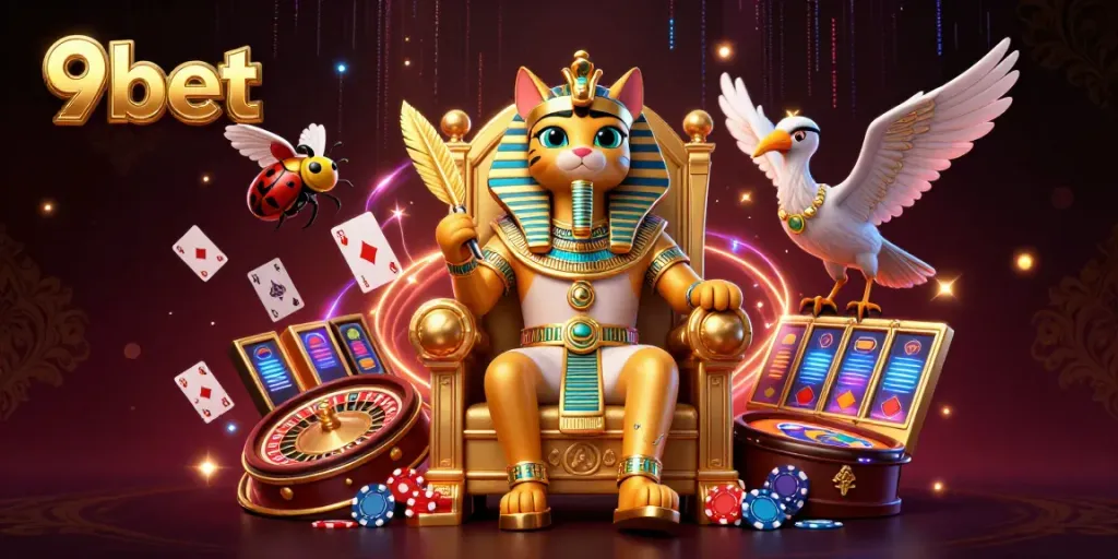 Experience the thrill of 9bet with an Egyptian-themed live casino illustration featuring dynamic game elements.