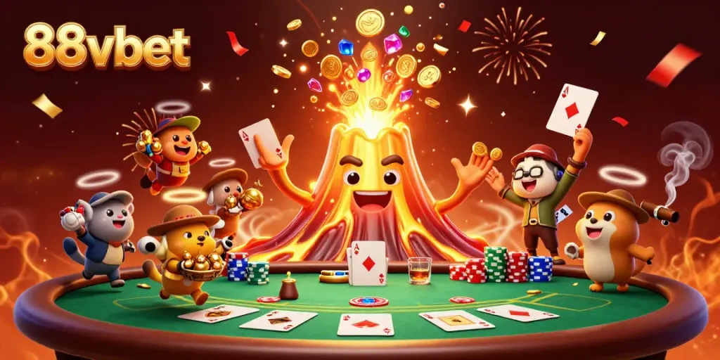 Experience the excitement of 88vbet with a dynamic casino scene featuring a golden volcano and treasure-hunting animals.
