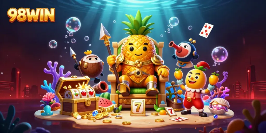 Engage in a vibrant and lively 98WIN casino scene with a golden pineapple king amidst slot reels and treasures.