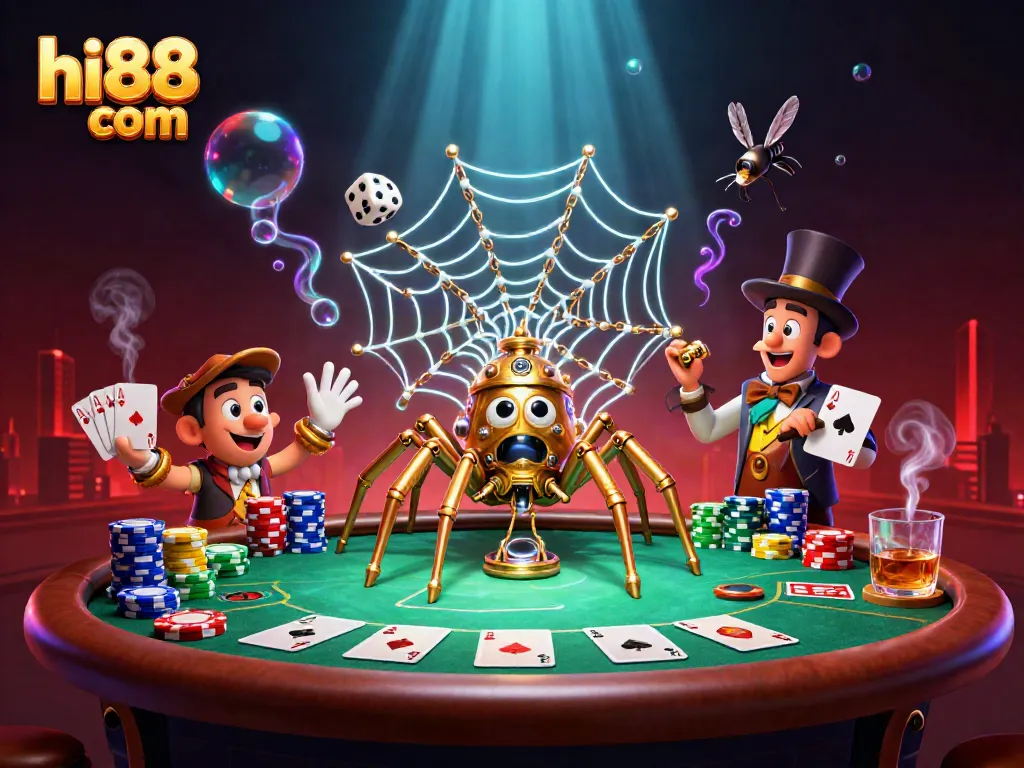 Engage with the colorful gaming world of hi88 com illustrated by a steampunk spider and dice.