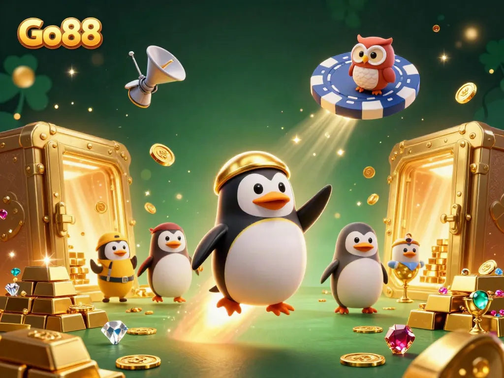 Experience fun gaming with Go88 as a golden penguin blasts through space toward a poker chip casino.