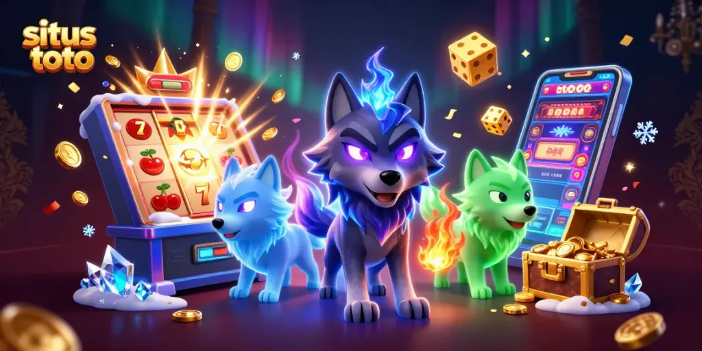 Situs toto showcases a vibrant 3D cartoon scene with wolf pack leaders and slot machines bursting with coins.