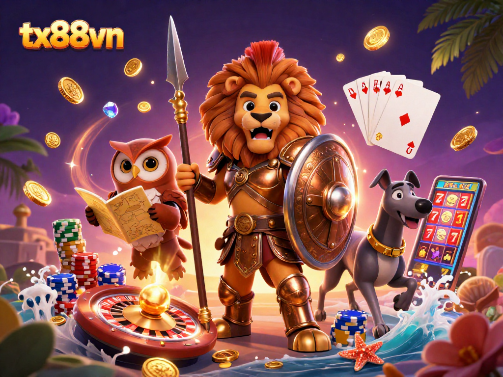 Experience the thrill of winning at tx88vn with 3D action-packed casino illustration featuring games and characters.