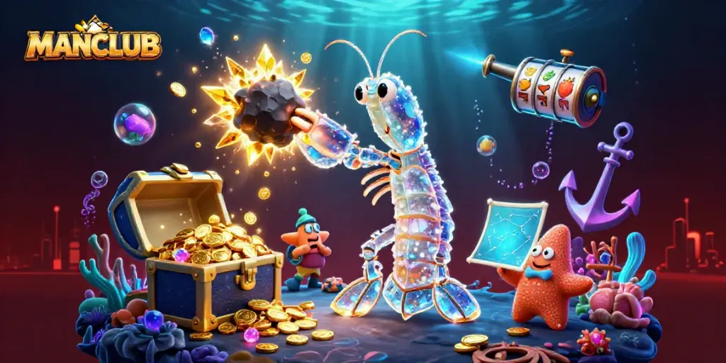 MANCLUB engages players with a vibrant casino scene depicting colorful slot reels and gold coins.