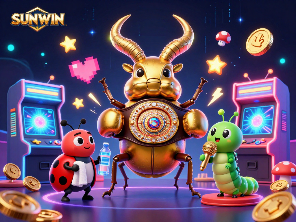 SUNWIN showcases a 3D cartoon beetle champion battling with glowing horns, capturing the thrill of online gaming.