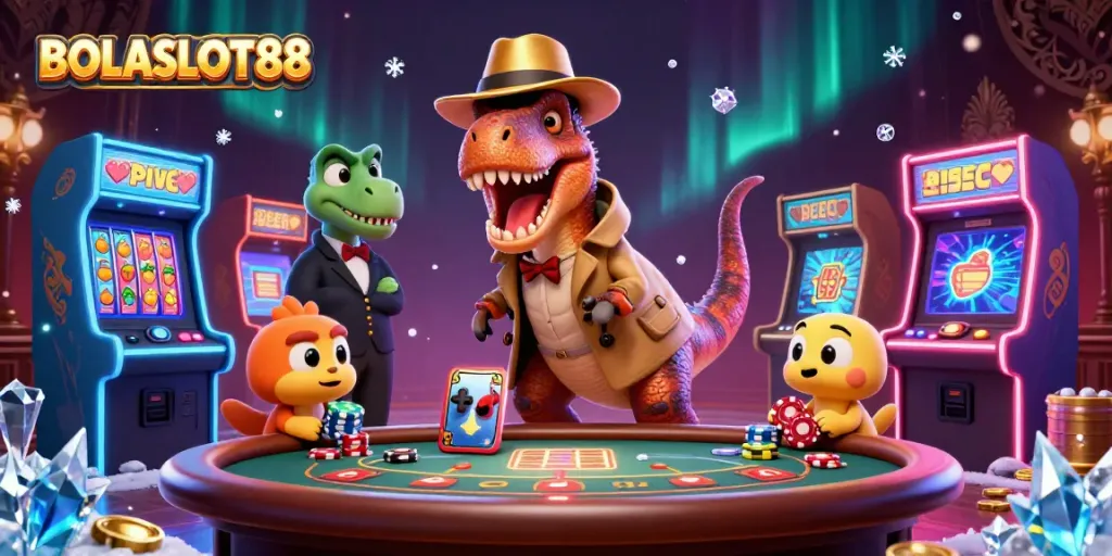 BOLASLOT88 showcases a velociraptor card counter at a vibrant blackjack table, filled with gaming excitement.