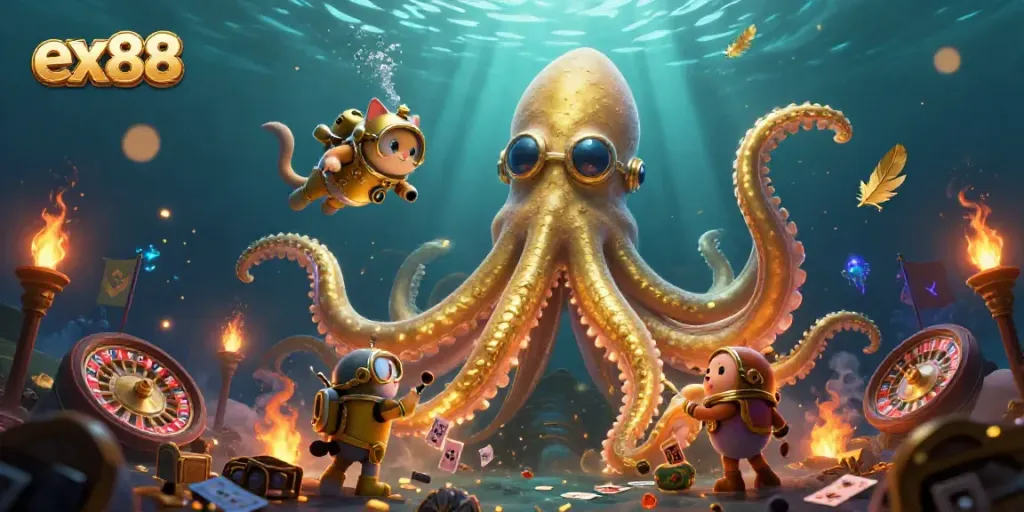 Experience ex88's dynamic live casino action with a kraken, diving cat, and deep-sea fish amidst vibrant roulette elements.