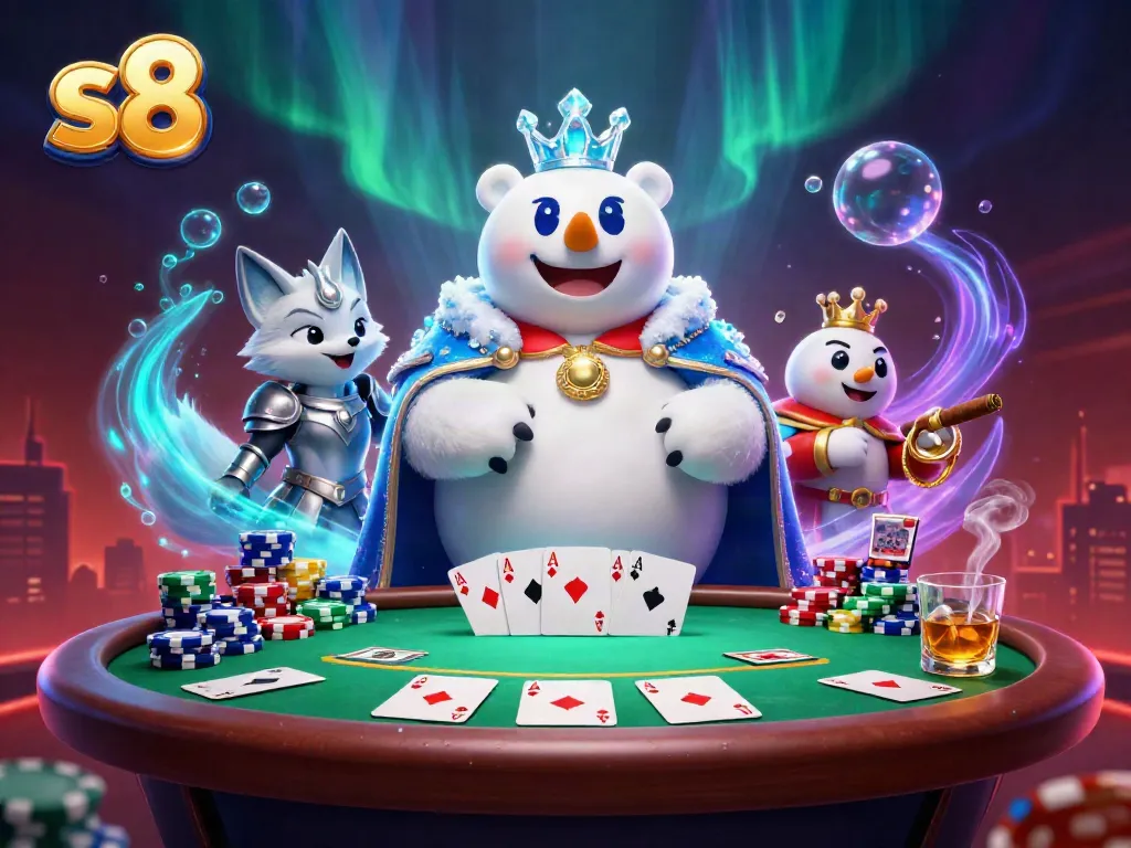 Experience the excitement of poker with the s8 ice king and snow fox in a dynamic casino scene.