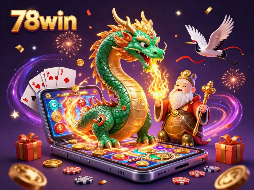 Engage with 78win's dynamic gaming scene featuring a jade dragon, turtle sage, and lucky cranes.
