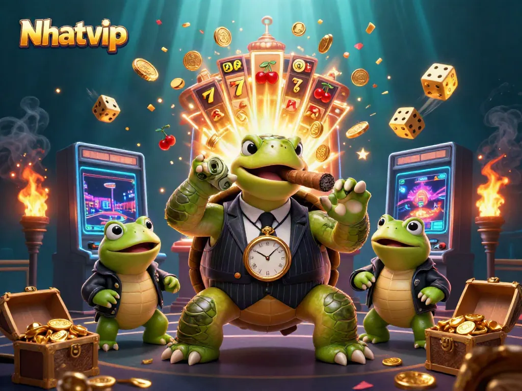 Nhatvip zooms into action with a massive turtle in a mobster outfit and bullfrog enforcers amidst casino excitement