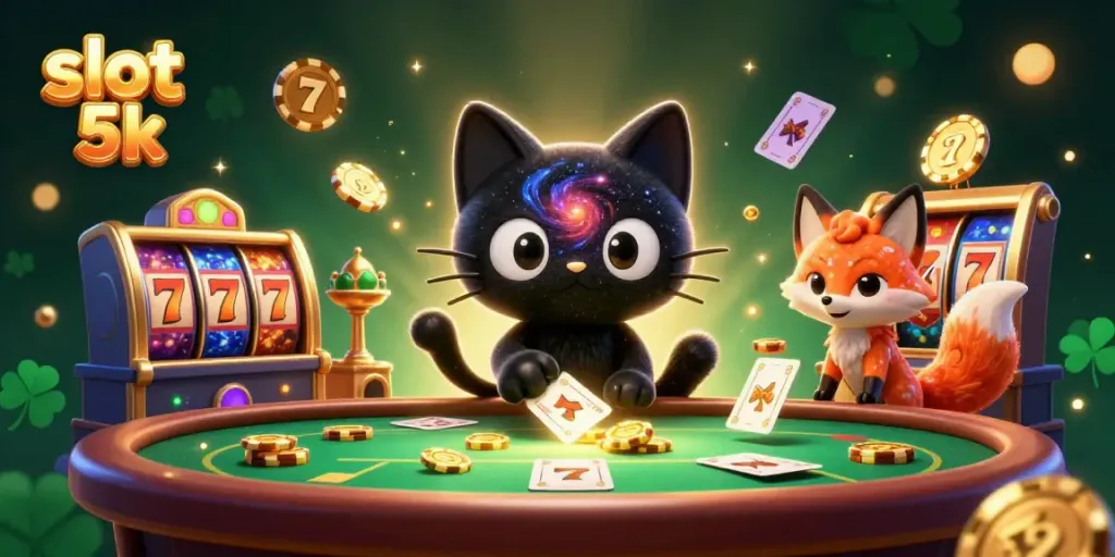 Engaging moment at a cosmic casino featuring slot 5k characters celebrating wins in a vibrant scene.
