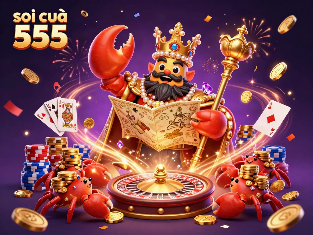Engaging illustration of soi cầu 555, featuring a golden crab emperor and dynamic casino elements with vibrant effects.