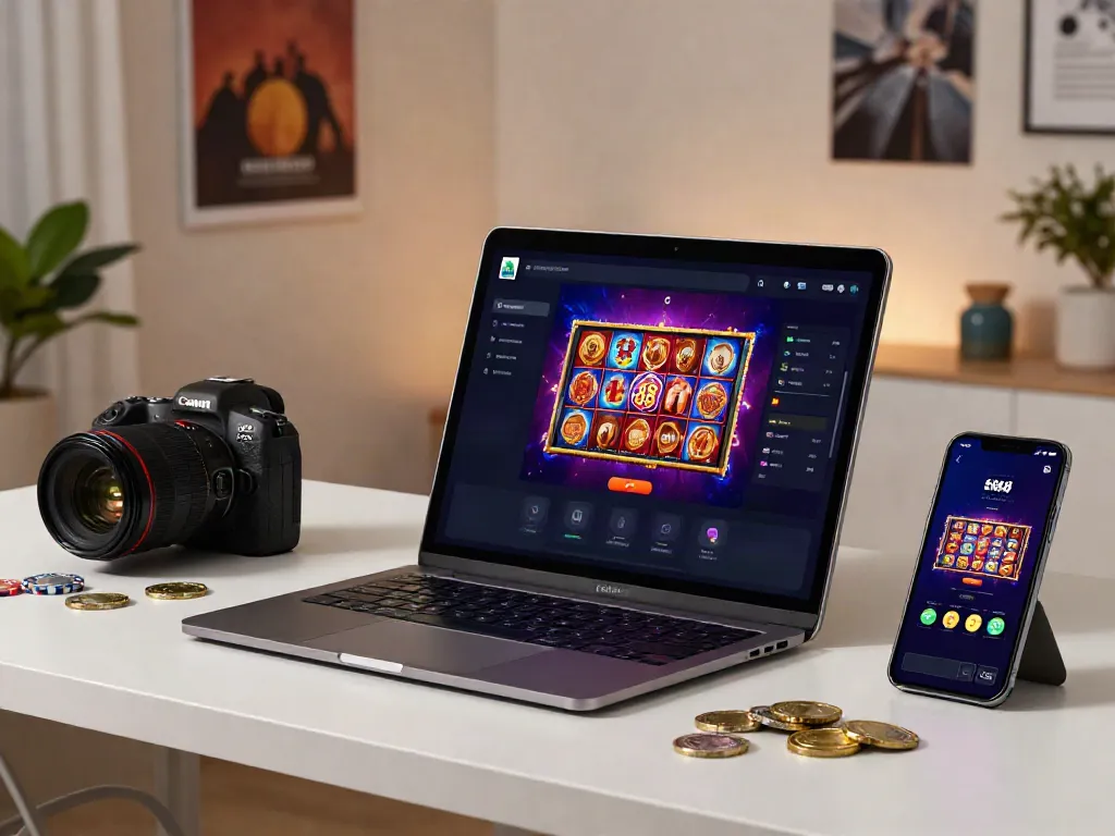 Engaging slot88 gaming interface displayed on a laptop, surrounded by mobile devices and gaming tokens.