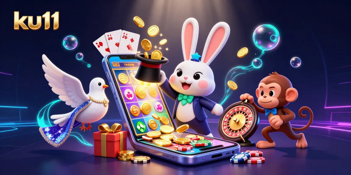 Animate your wins with ku11, showcasing 3D magician rabbit, poker chips, and slot game excitement