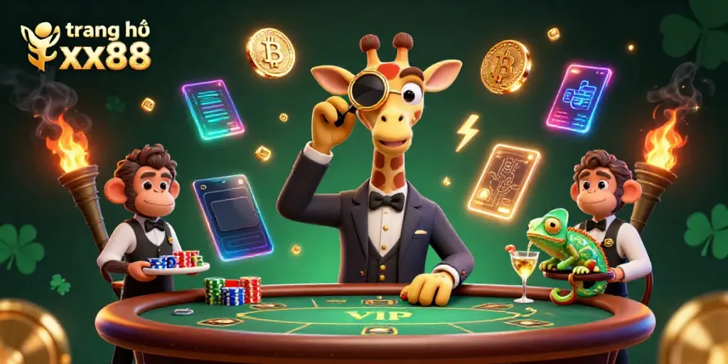 Experience the thrill of gaming at trang chủ xx88 with a vibrant 3D casino illustration featuring unique characters and game elements.