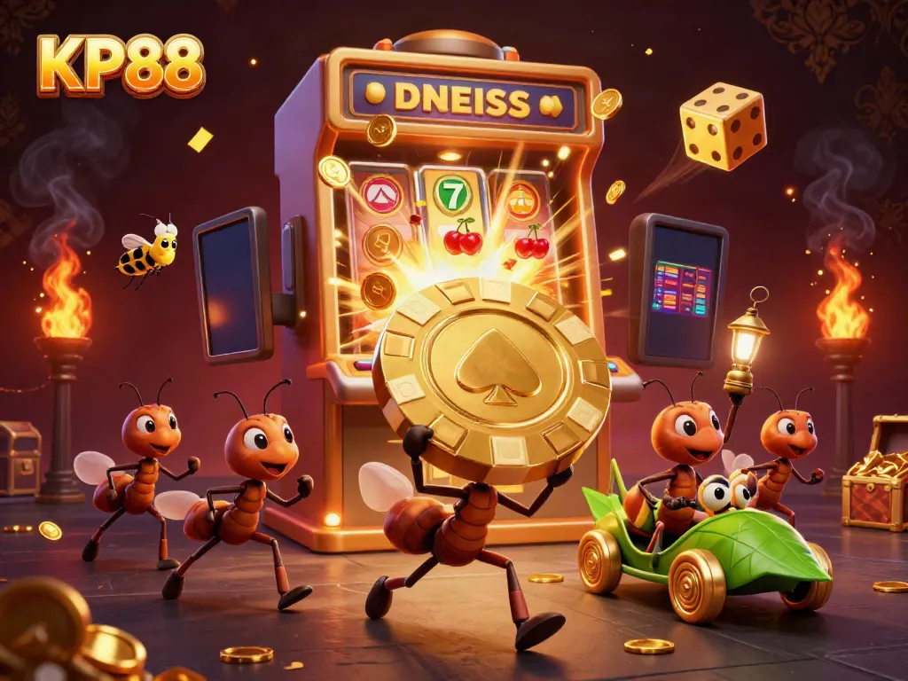 KP88 animated scene with ants carrying a massive poker chip amidst casino elements.