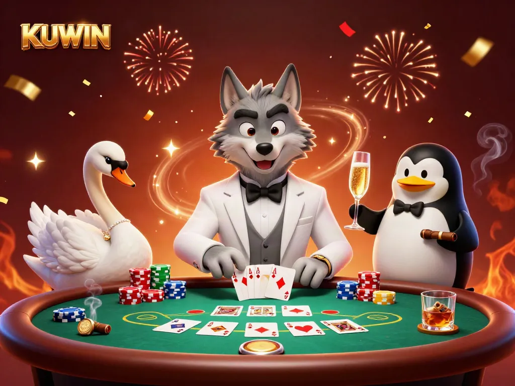 Join the fun at KUWIN with a 3D illustration of a debonair wolf, elegant swan, and sophisticated penguin showcasing casino excitement at a vibrant baccarat table.