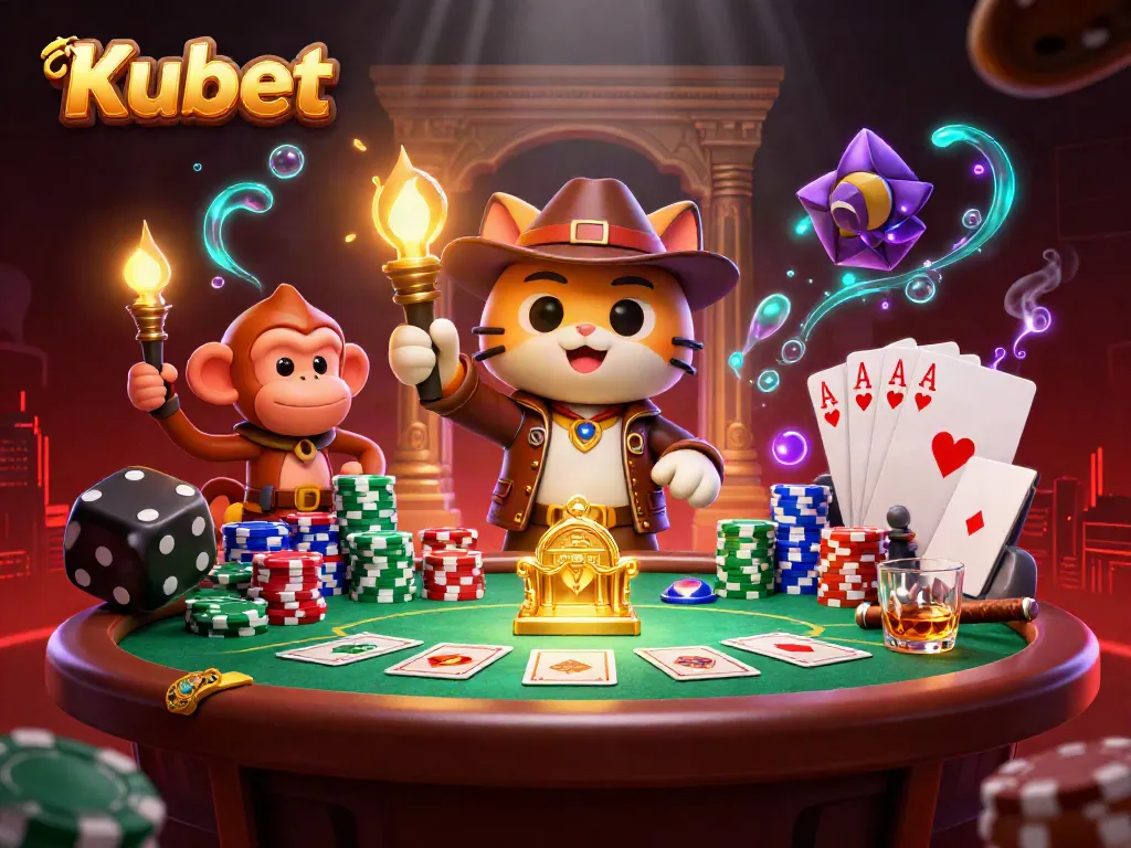 Kubet players engaging in a thrilling poker scene amidst a 3D treasure temple adventure.