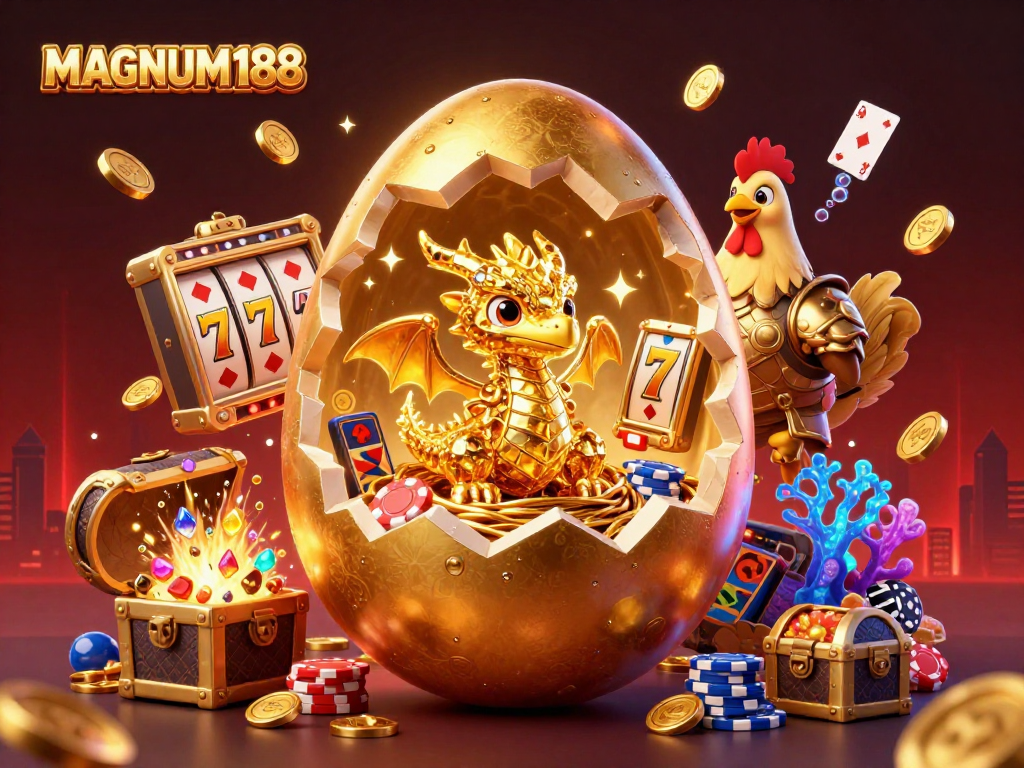 Engage with MAGNUM188's thrilling online slots featuring golden dragons and dynamic casino elements.