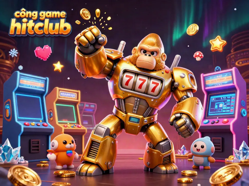 Experience thrilling gaming action with cổng game hitclub as a gorilla mech shoots coins and showcases colorful arcade games.