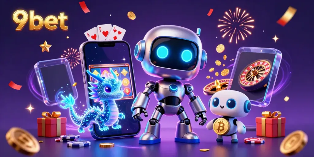 Experience thrilling gaming with 9bet's 3D digital illustration featuring casino elements and vibrant characters.
