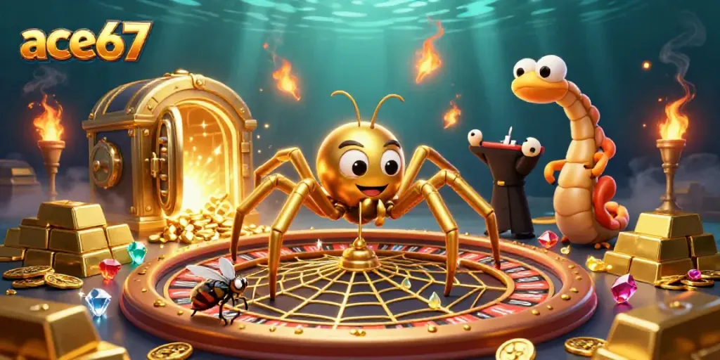 Experience thrilling bets at ace67 with a golden spider croupier in a vibrant 3D casino scene.