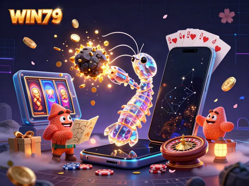 Experience WIN79 with a galactic mantis shrimp in a fantasy casino scene surrounded by gems and games.