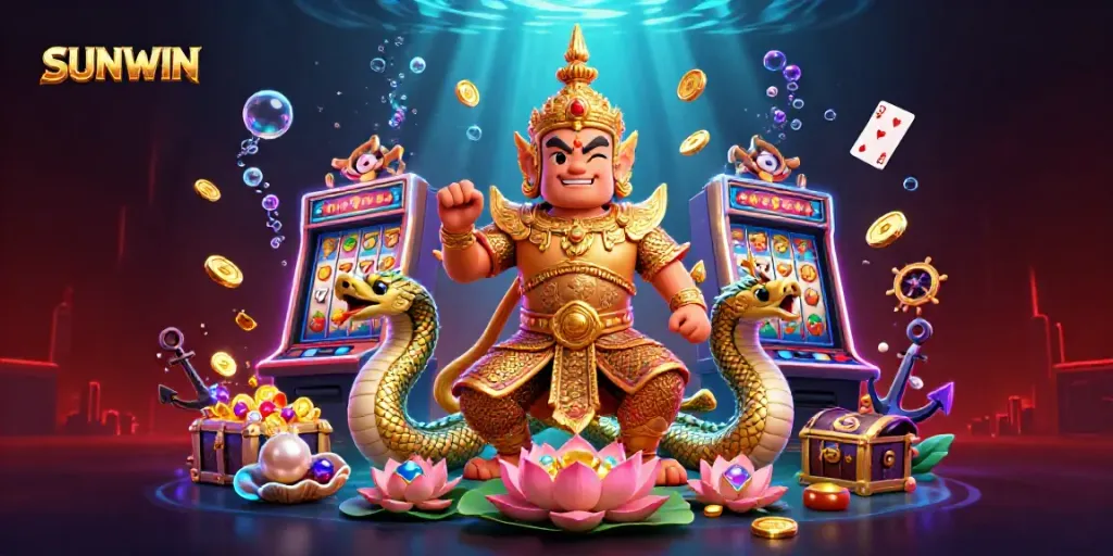 SUNWIN's vibrant casino illustration featuring a friendly guardian, spinning slot reels, and treasure.