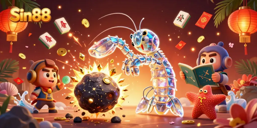 Experience thrilling gameplay at Sin88 with a galactic samurai mantis shrimp amidst gold coins and vibrant casino elements.