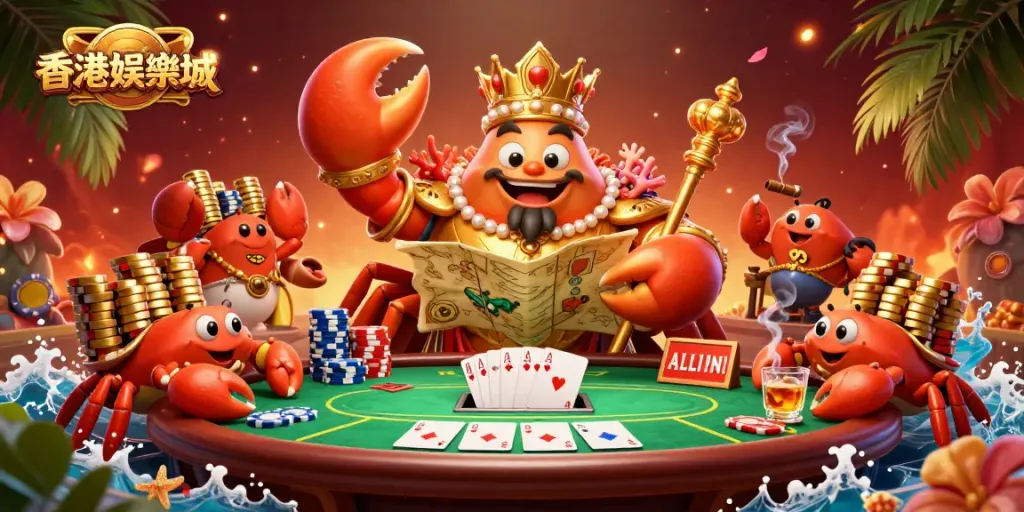 Engaging illustration of 香港娛樂城 with a golden crab emperor and poker elements, showcasing high-quality gambling action.