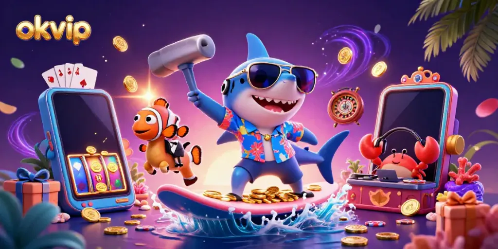 Enjoy exciting gaming adventures with okvip, featuring a shark character surfing on gold coins.
