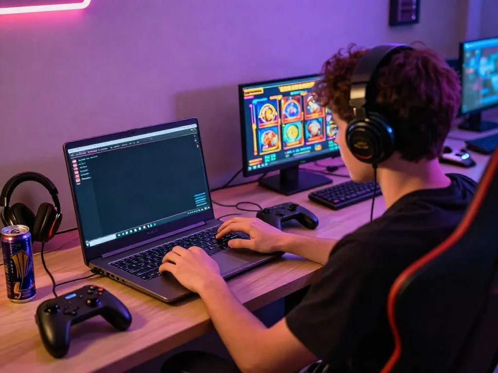 Player enjoying slot gacor games on a laptop with dynamic visuals.