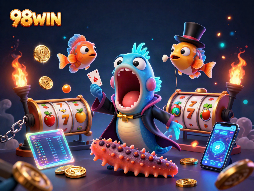 Engage with 98WIN as a gulper eel performs casino magic surrounded by vibrant gaming elements.